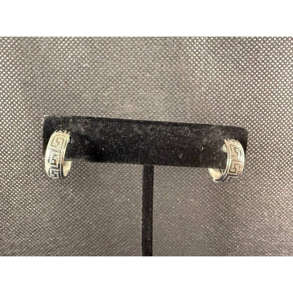 Vintage Silver Greek Key Clip‑On Earrings – Engraved Geometric Hoop Design